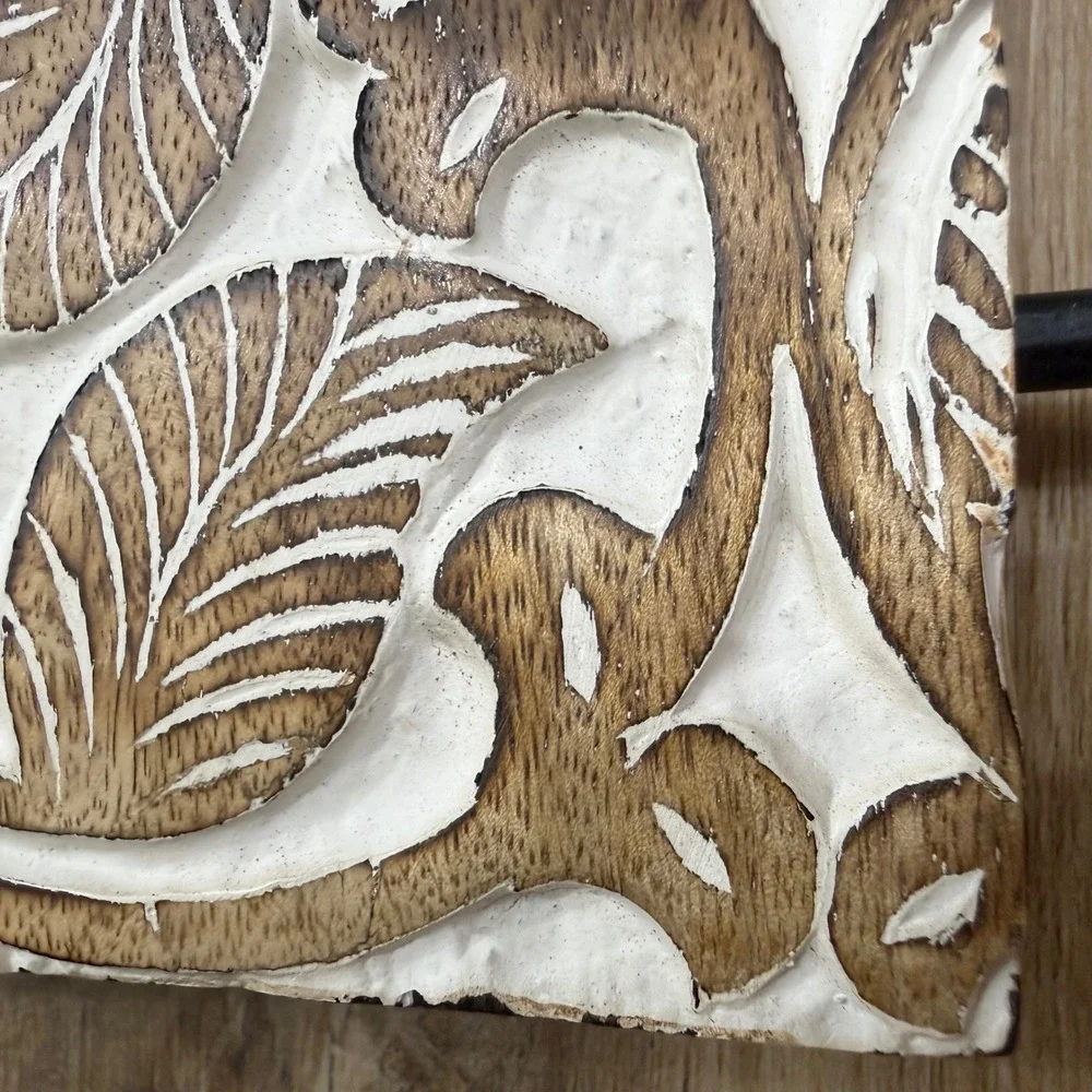 Carved Wood Wall Hook Rack 3 Hooks White Wash Boho Botanical Leaf 12 Inch